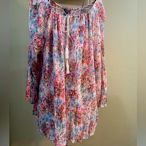 Chaps Ralph Lauren cotton, pink, blue white floral 3/4 sleeve peasant blouse